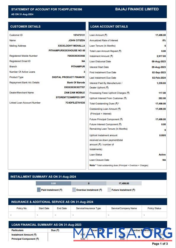 Blank India Bajaj Finance Limited bank statement word example